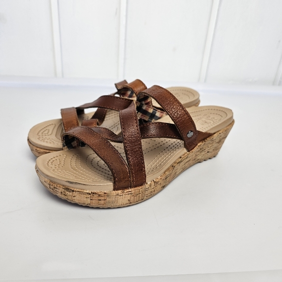 Crocs Aleigh Brown Leather Strappy Cork Platform Wedge Slip On Sandals sz 6W - Picture 2 of 11